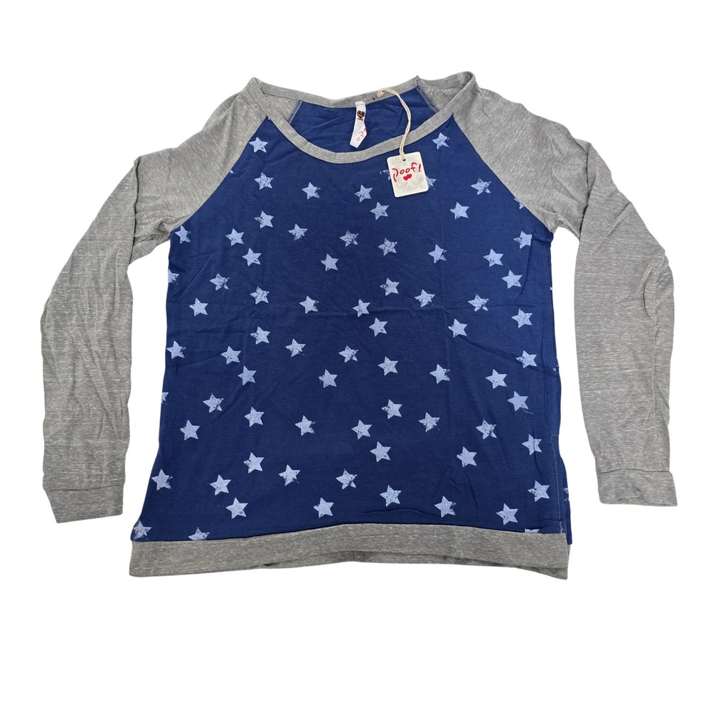 Poof! Womens Star Print Raglan Long Sleeve Cotton Top Navy Blue Grey‎ Small NWT